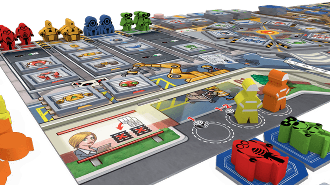 Photograph of the assembly line area in motion with the bot meeples at the top and completed bots at the bottom.