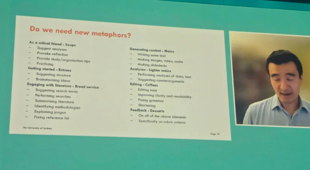 Phot taken of the screen with Danny Liu talking through his menu metaphor. Text:
Do we need new metaphors?As a critical friend - Soups: Suggest analyses; provoke reflection; provide study/organisation tips; practisingGetting started - Entrees: Suggesting structure; brainstorming ideasEngaging with literature - Bread service: Suggesting search terms; performing searches; summarising literature; identifying methodologies; explaining jargon; fixing reference list.Generating content - Mains: writing some text; making images, video, media; making slidedecks.Analyses - Lighter mains: Performing analyses of data, text; suggesting counterarguments.Editing - Coffees: Editing tone; improving clarity and readability; fixing grammar; shortening.Feedback - Desserts: On all of the above elements; specifically on rubric criteria.