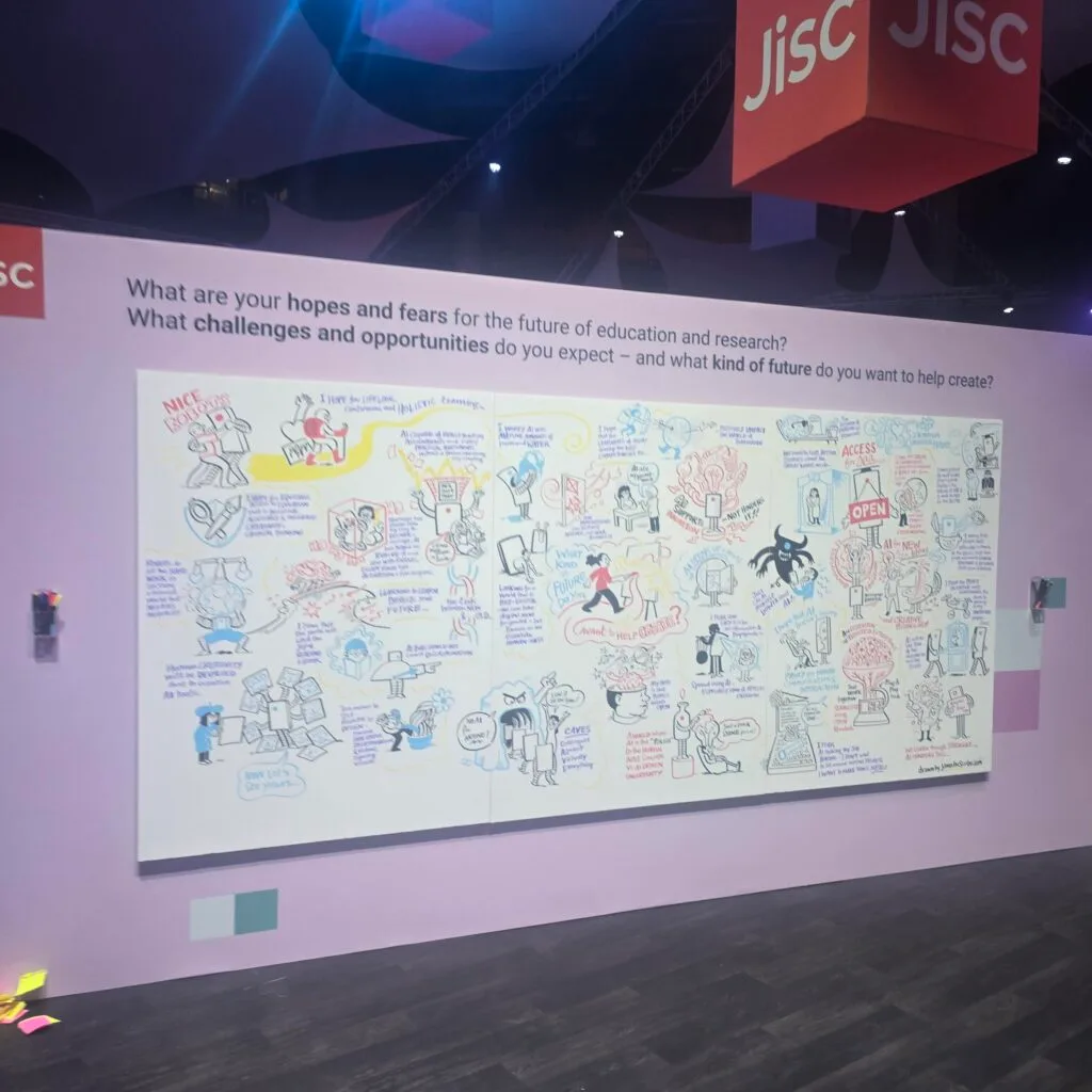 Living art wall from Jisc Digifest created by James The Scribe, answering the question 'What ar eyour hopes and fears for the future of education and research? What challenges and oppurtunities do you expec - and what kid of future do you wwant to help create?