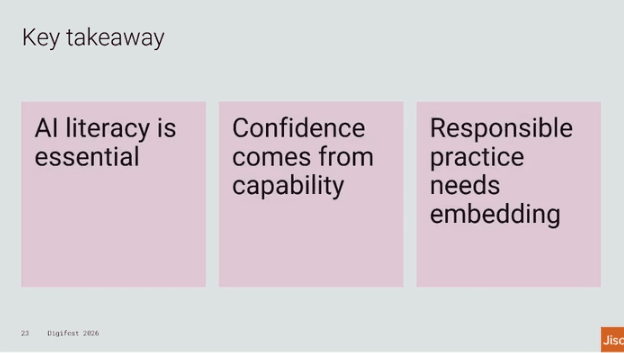 Key takeaways: Ai literacy is essential, confidence comes from capability and Responsible practice needs embedding