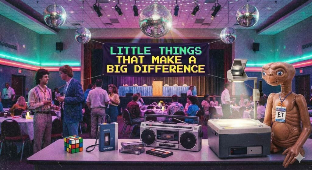 the key visual for durham blackboard user conference. a retro 1980s style disco containing many pop culture references such as rubix cubes, record players, boom boxes, overhead proectors and ET. Text on a banner in the centre saying Little things that make a big difference.