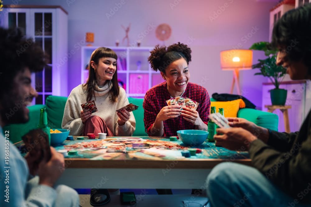 24237 Diverse friends laughing while playing cards and board games together during a fun social gathering at home by Zamrznuti tonovi