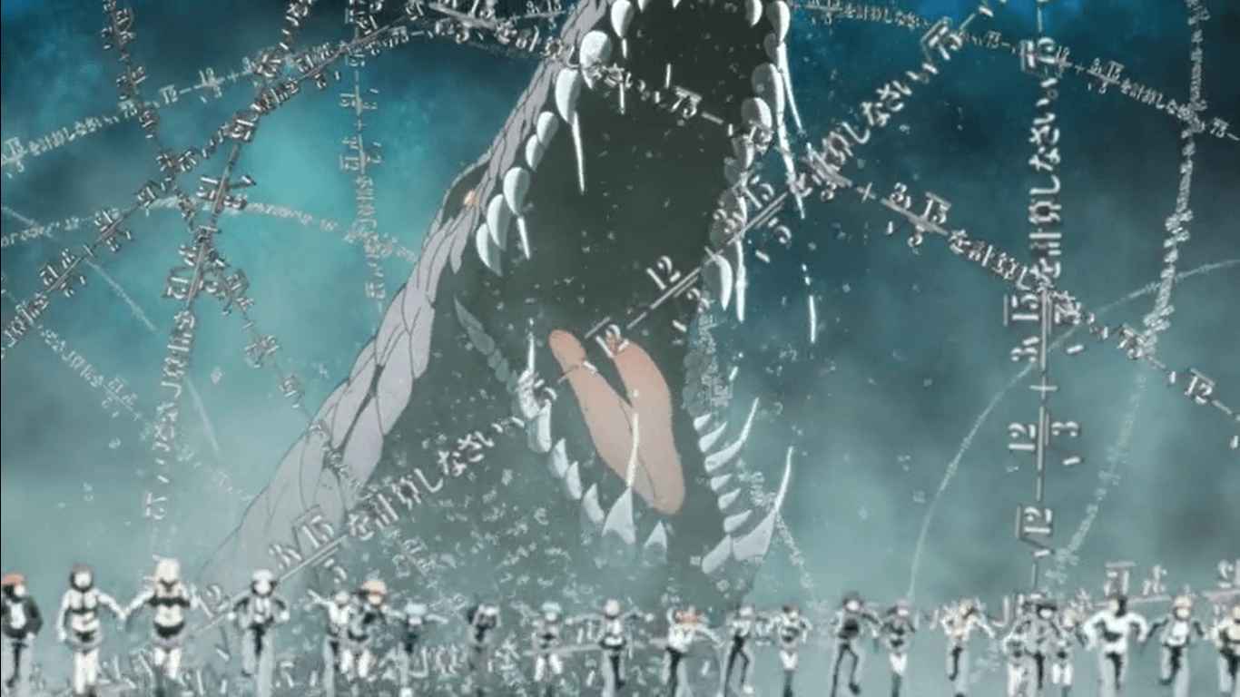 24248 Screen capture from episode 16 of assassination classroom showing a complex mathematical formula envisioned as a giant crocodile with the class running infront of it.