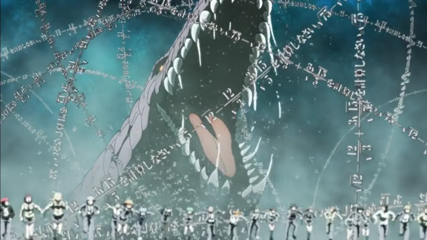 Screen capture from episode 16 of assassination classroom showing a complex mathematical formula envisioned as a giant crocodile with the class running infront of it.